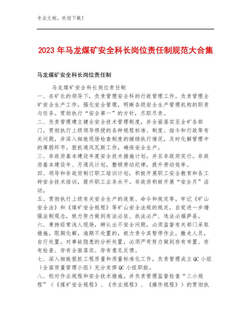 2023年马龙煤矿安全科长岗位责任制规范大合集