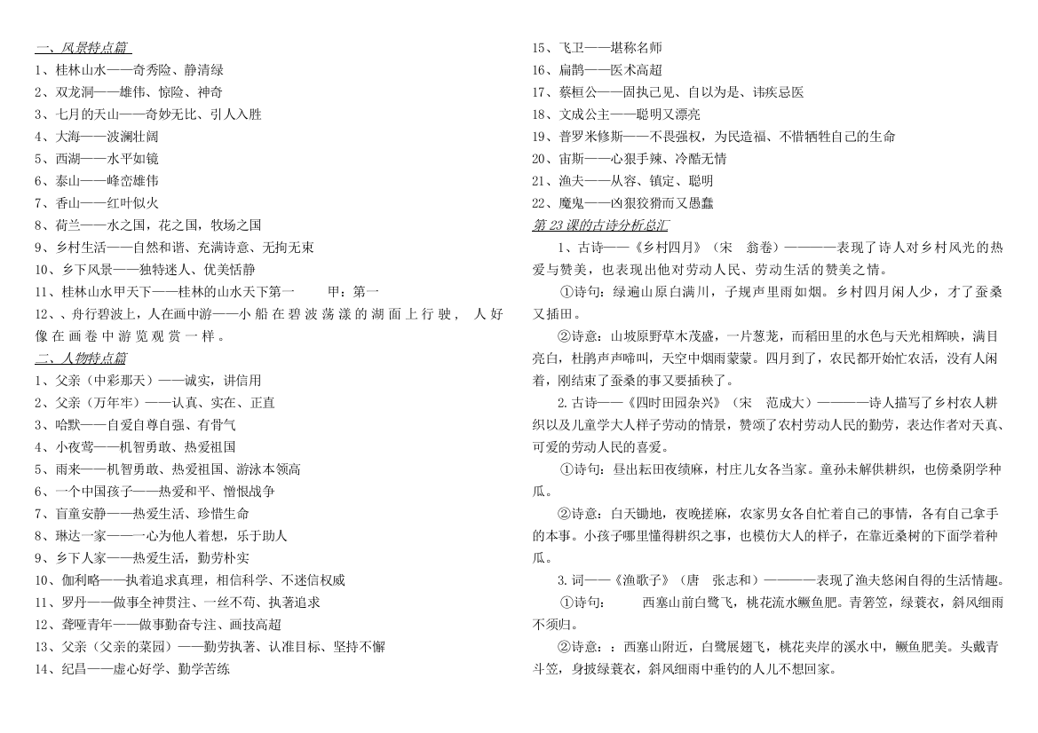 人教版四年级下册语文复习知识点