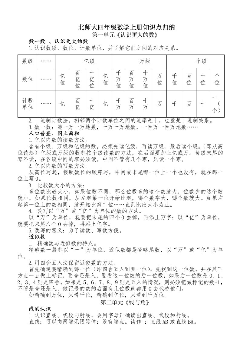 北师大版小学数学四年级上册-知识点归纳