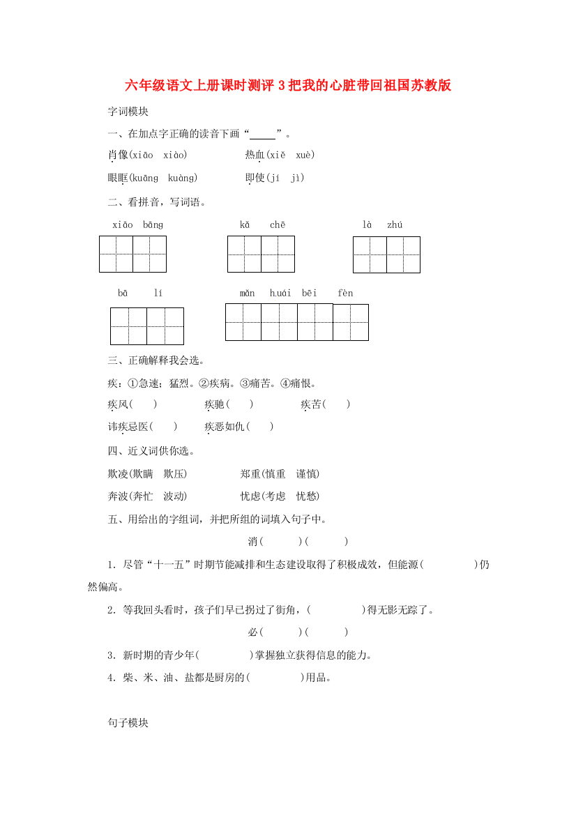 六年级语文上册课时测评3把我的心脏带回祖国苏教版.doc