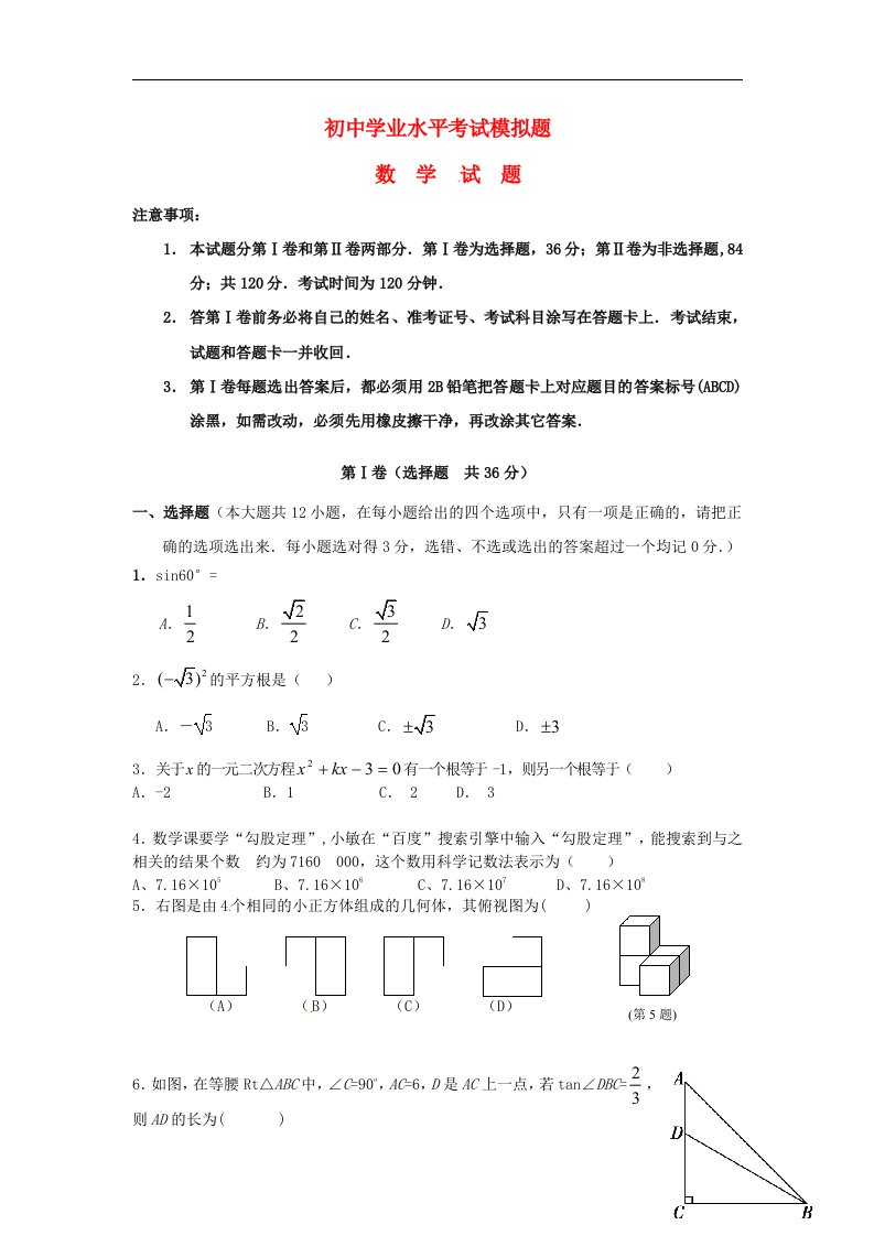 山东省潍坊市九级数学学业水平模拟考试（二模）试题