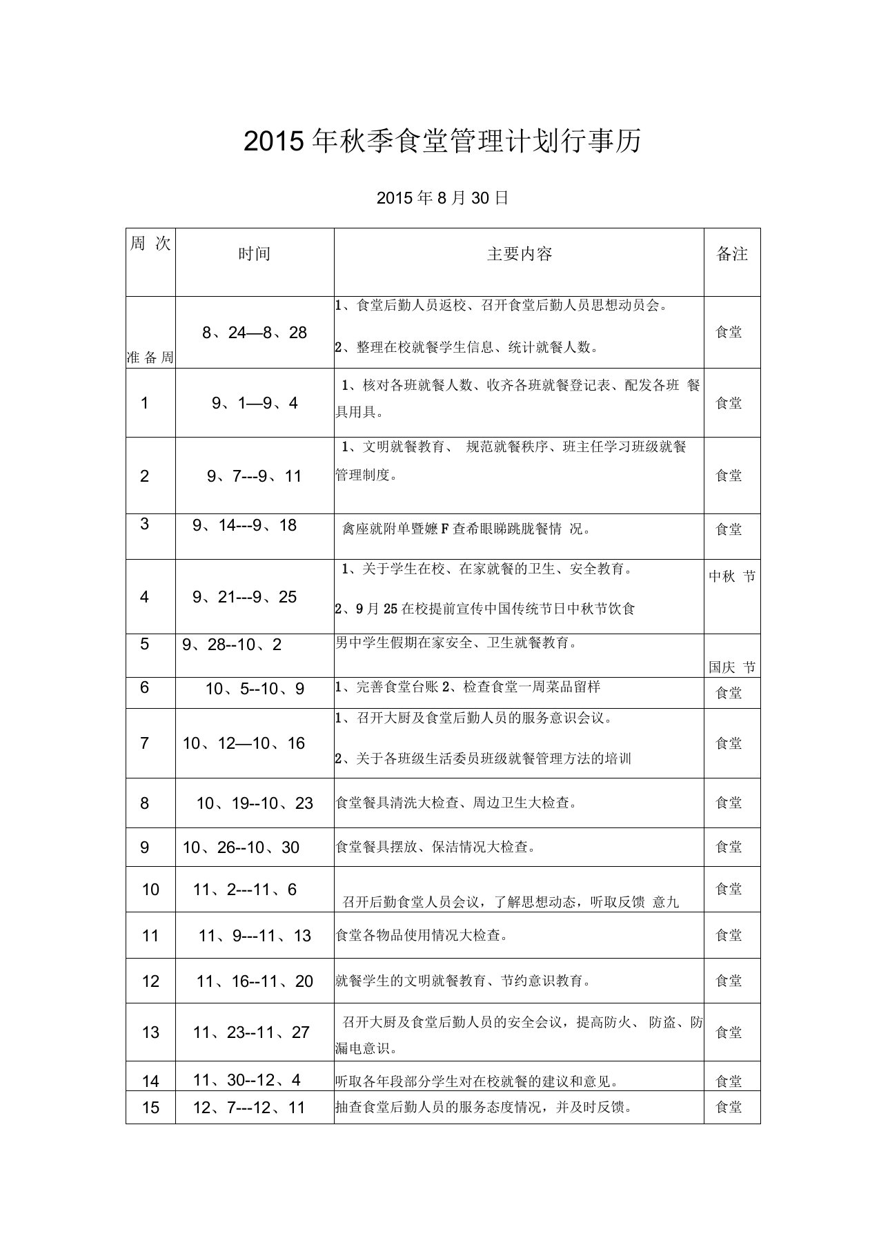 秋季食堂管理工作行事历