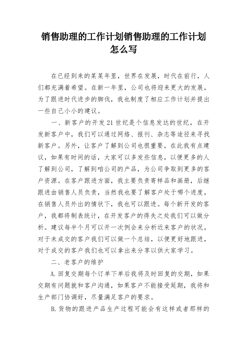 销售助理的工作计划销售助理的工作计划怎么写