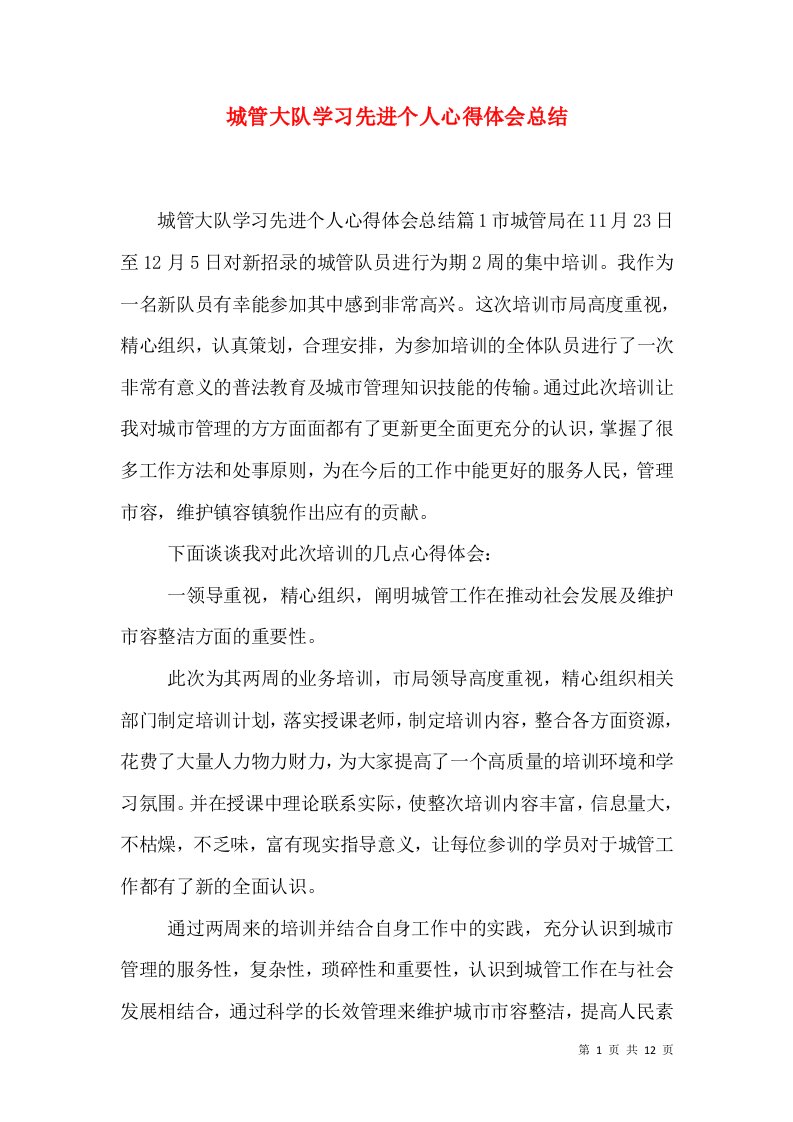 城管大队学习先进个人心得体会总结（一）