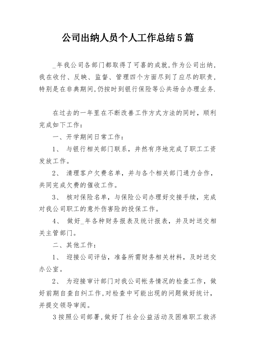 公司出纳人员个人工作总结5篇