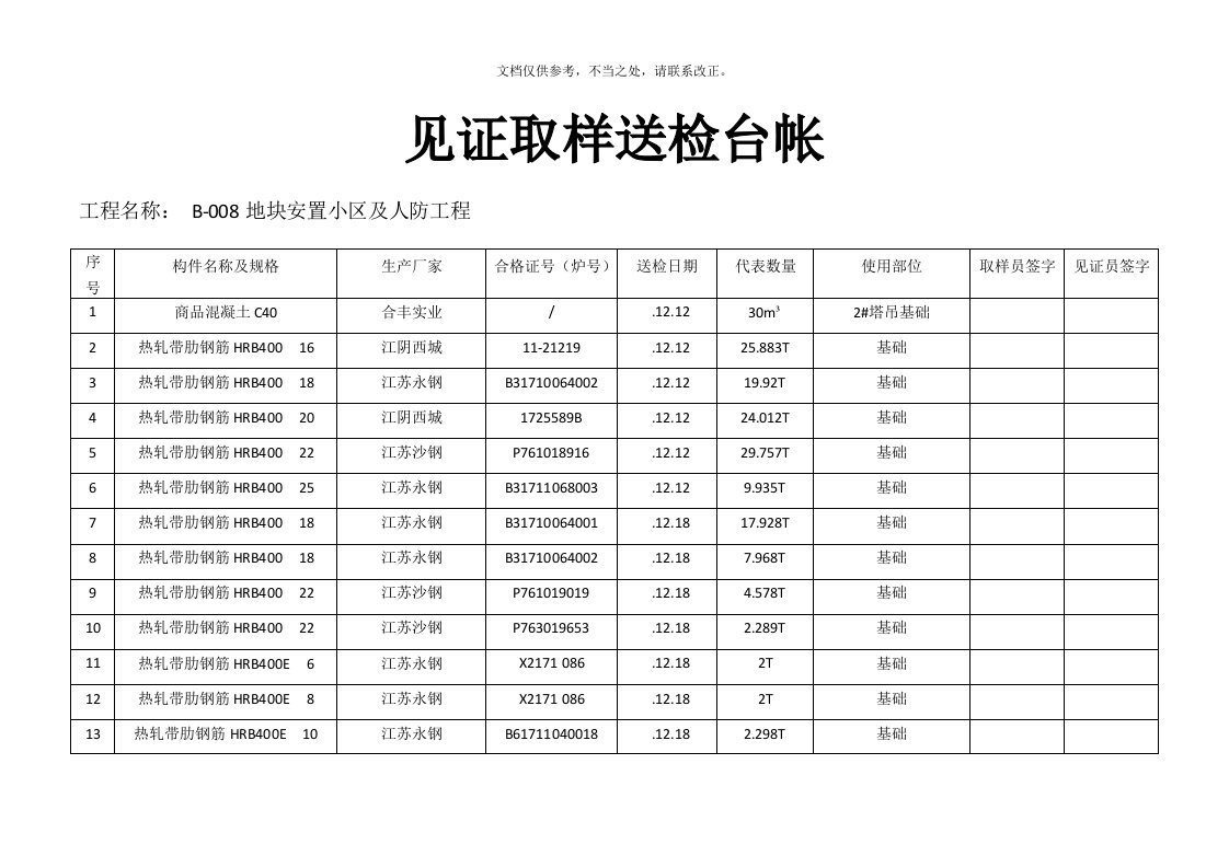 见证取样汇总表