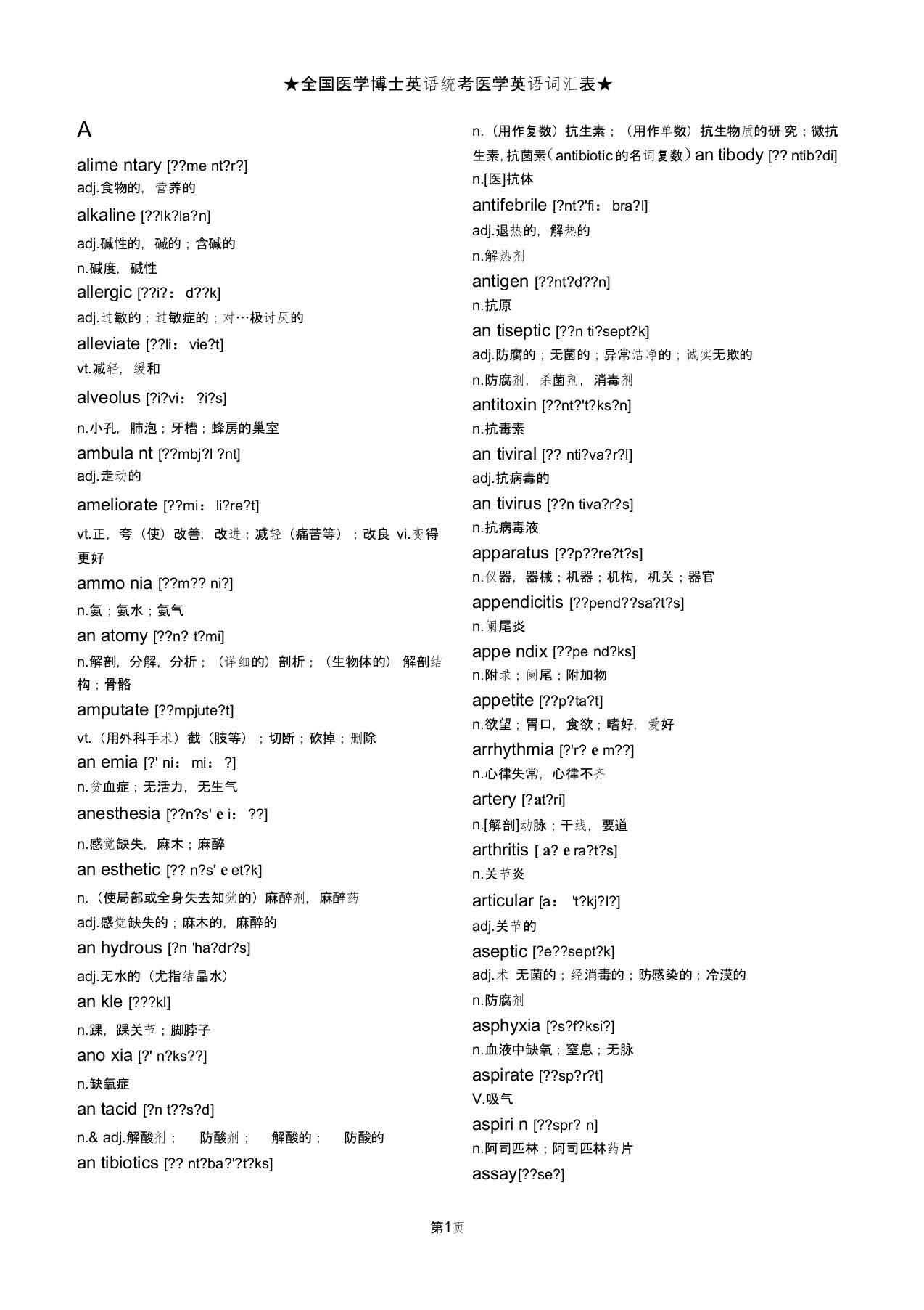 全国医学博士英语统考医学英语词汇表(带音标完美打印版)