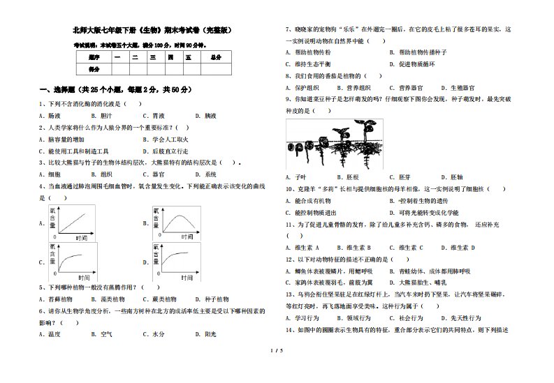 北师大版七年级下册《生物》期末考试卷