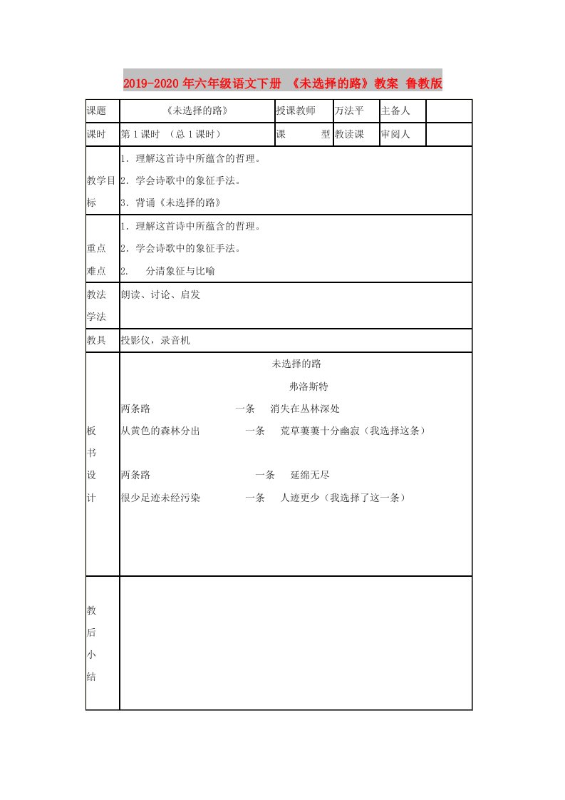 2019-2020年六年级语文下册