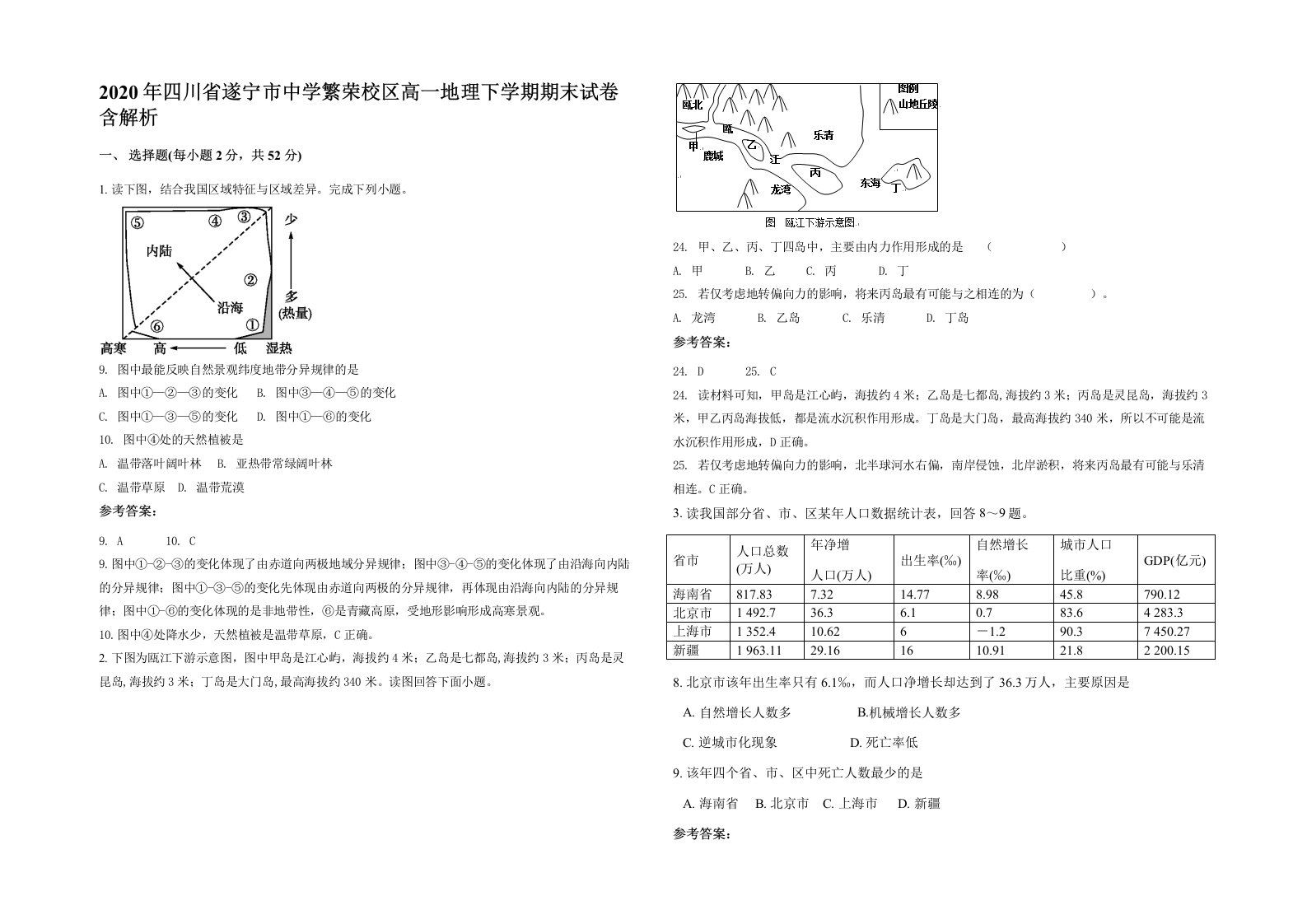 2020年四川省遂宁市中学繁荣校区高一地理下学期期末试卷含解析