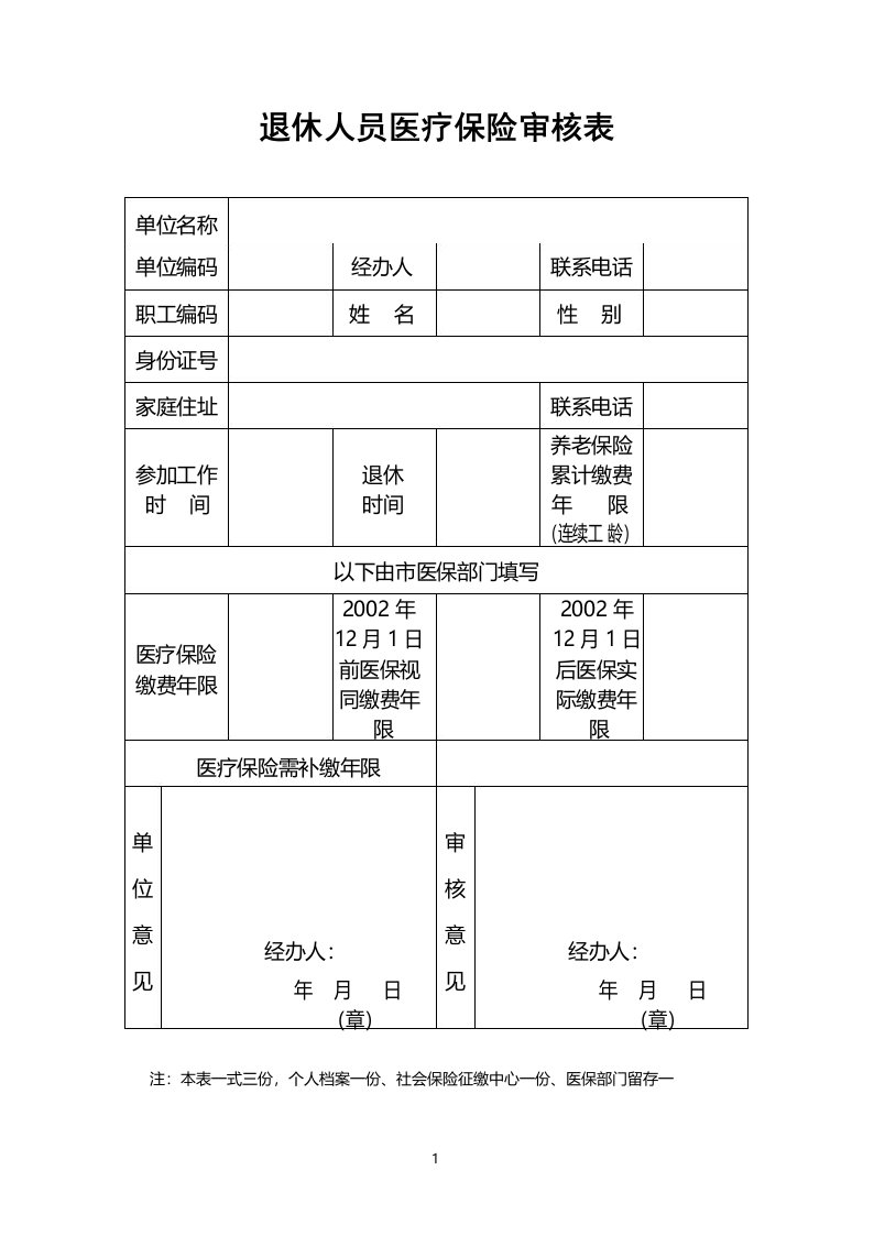 合肥市退休人员医疗保险审核表