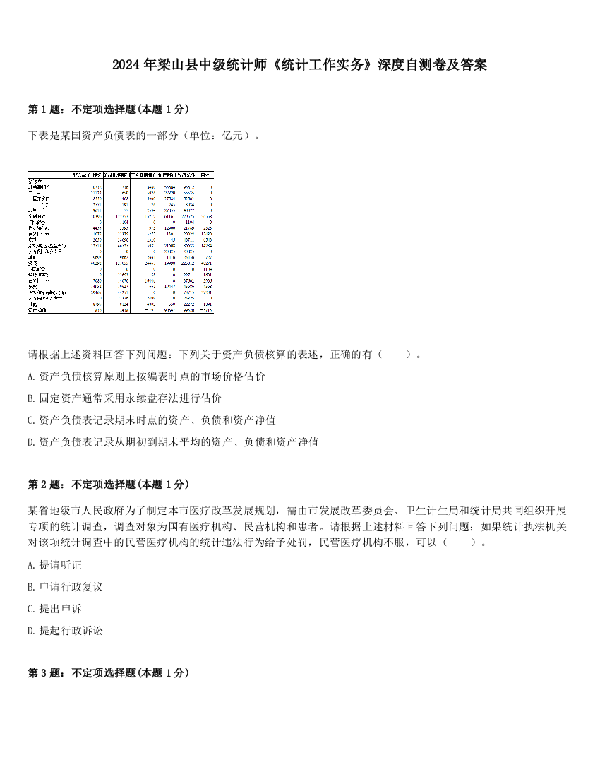 2024年梁山县中级统计师《统计工作实务》深度自测卷及答案