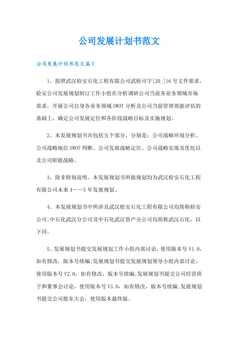 公司发展计划书范文