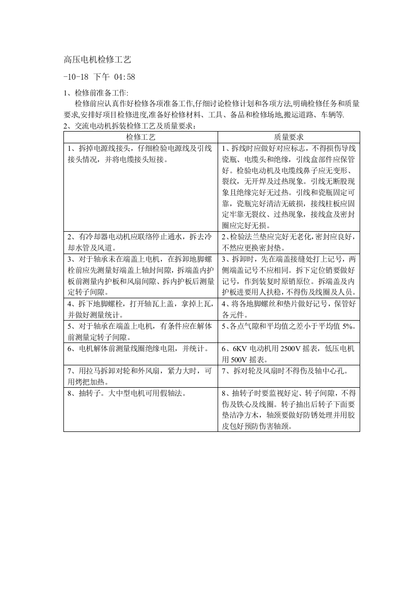 高压电动机检修工艺及标准模板