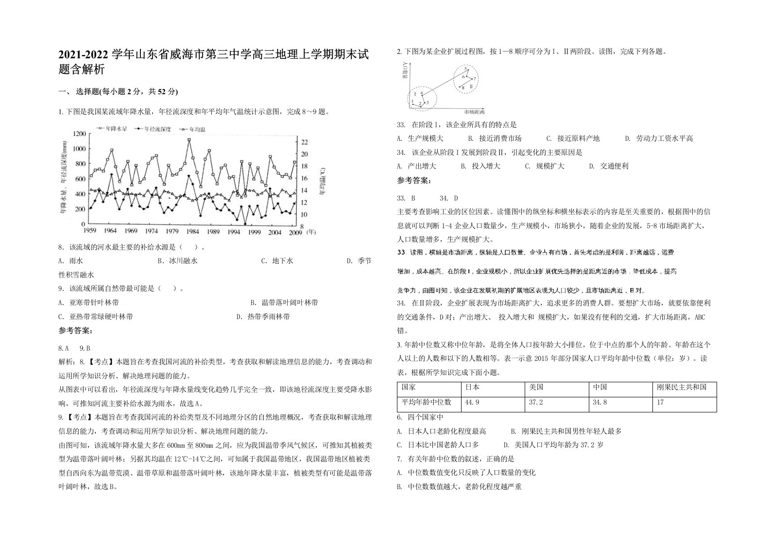 2021-2022学年山东省威海市第三中学高三地理上学期期末试题含解析