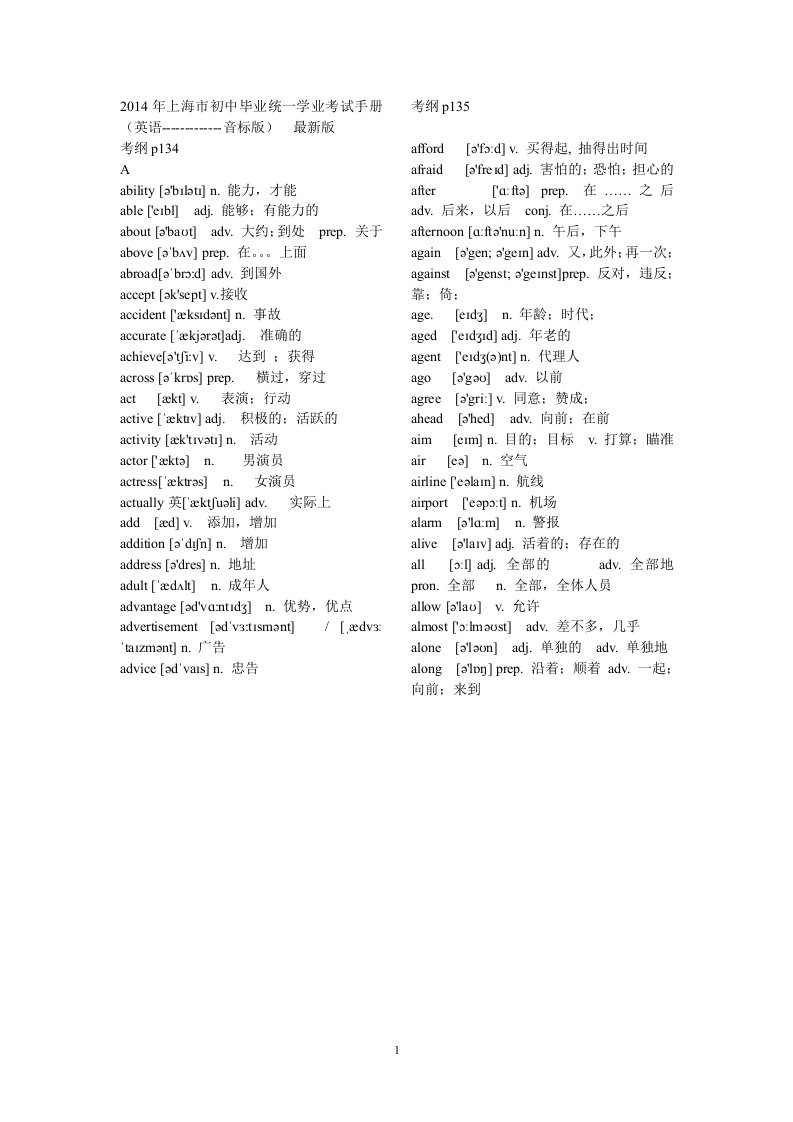 2015上海英语考纲词汇全部(音标版)-最新版