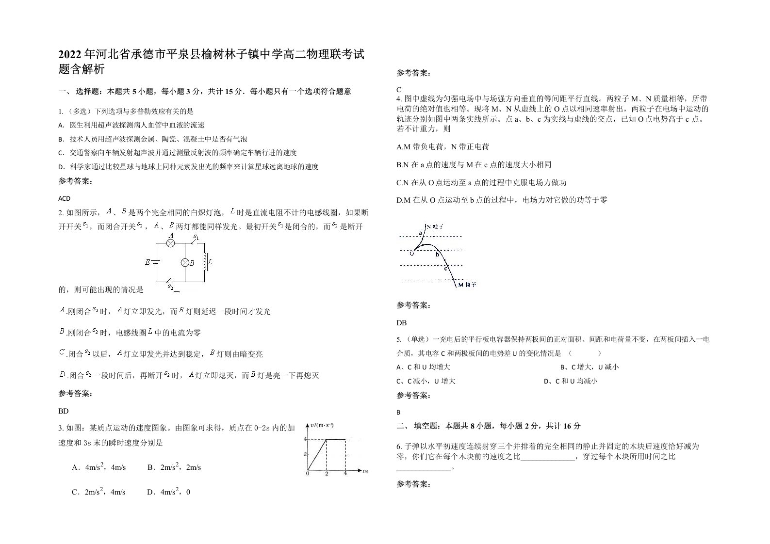 2022年河北省承德市平泉县榆树林子镇中学高二物理联考试题含解析