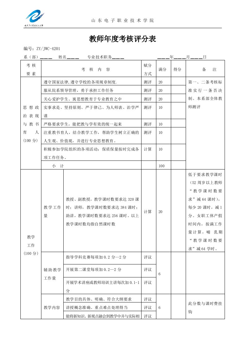 教师年度考核评分表