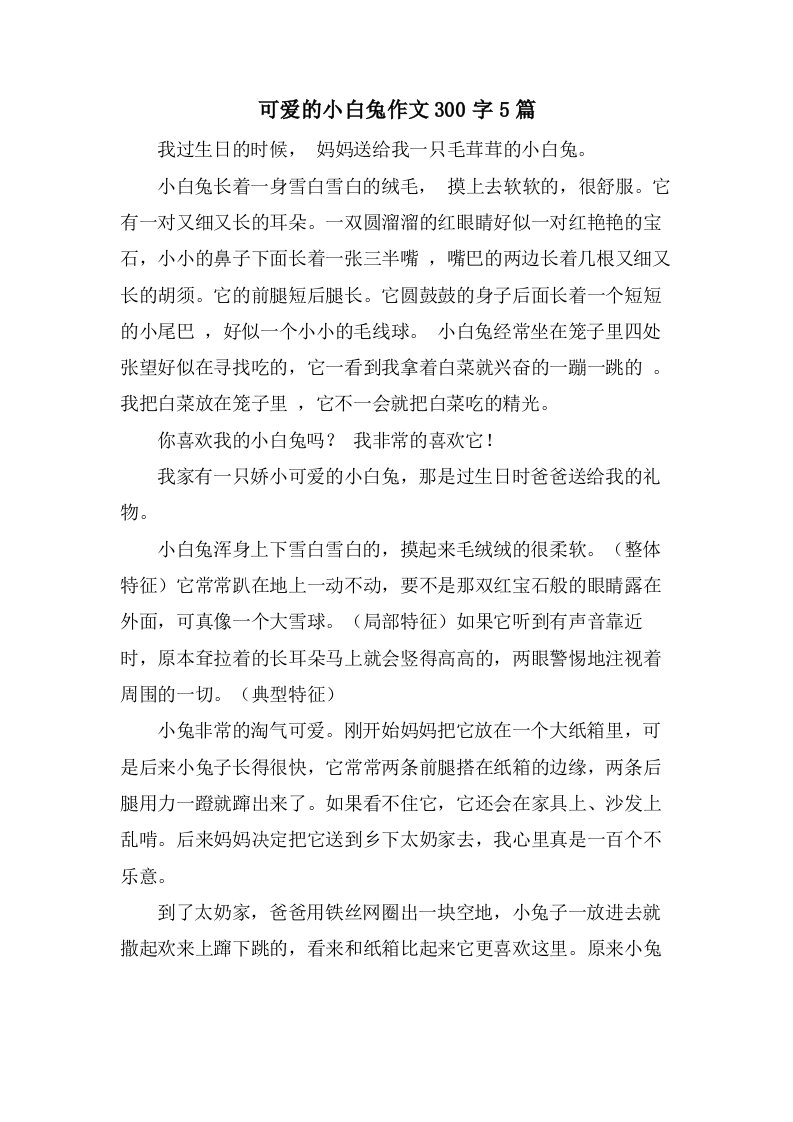 可爱的小白兔作文300字5篇