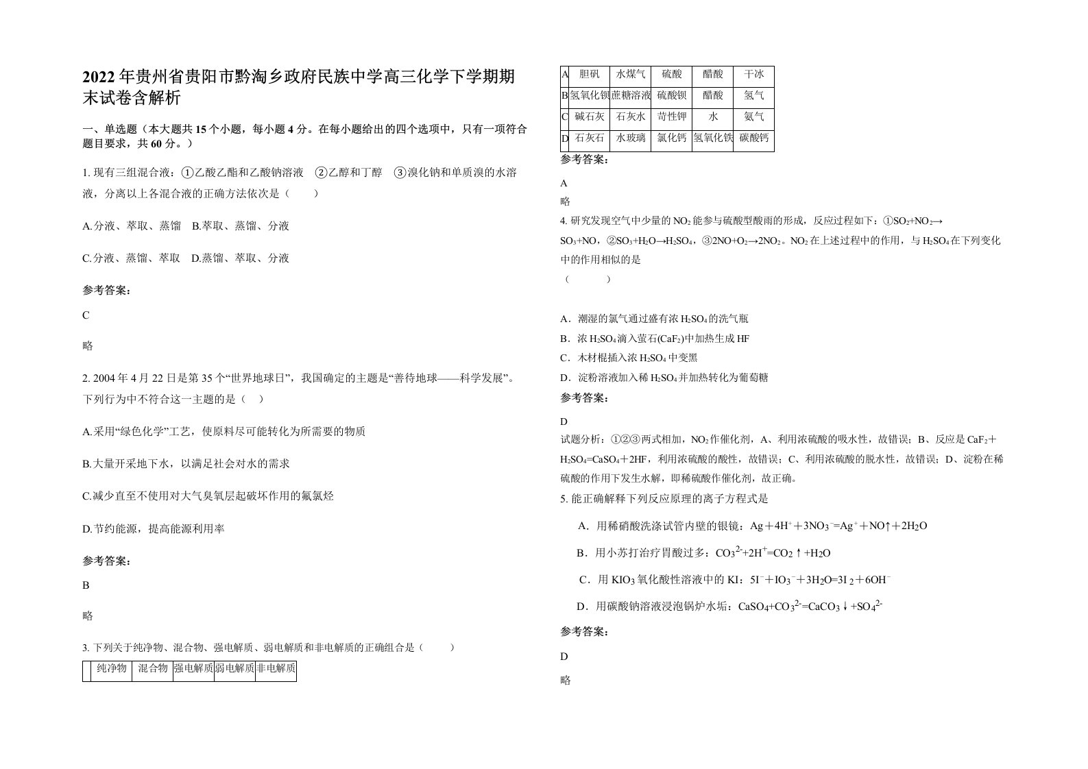 2022年贵州省贵阳市黔淘乡政府民族中学高三化学下学期期末试卷含解析