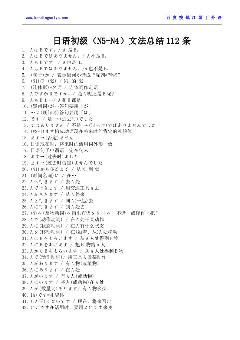 镇江日语初级(N5-N4)文法总结112条