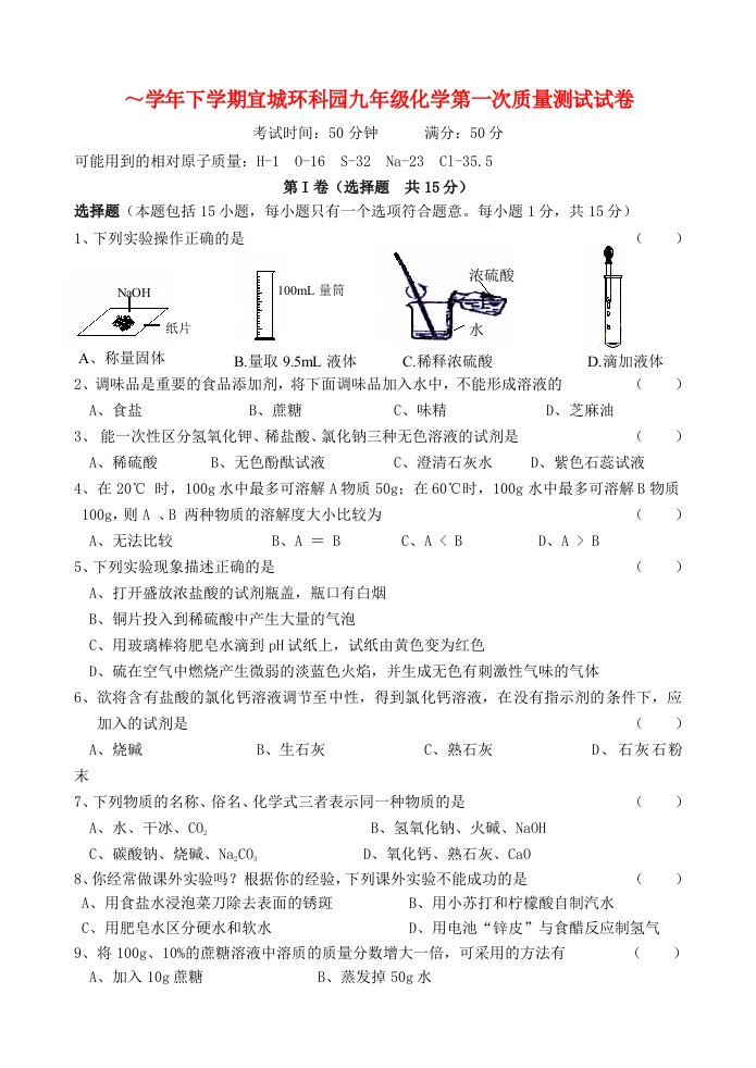 江苏省宜城环科园九级化学下学期第一次月考试题