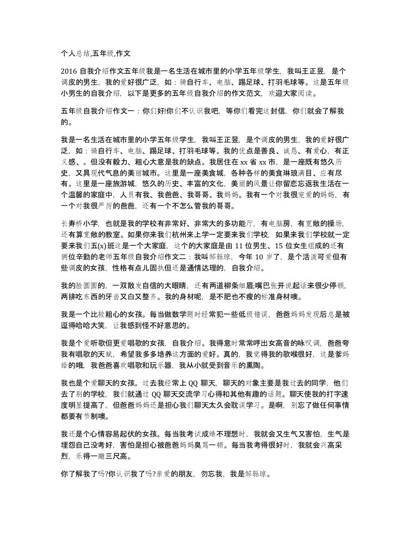 个人总结五年级作文