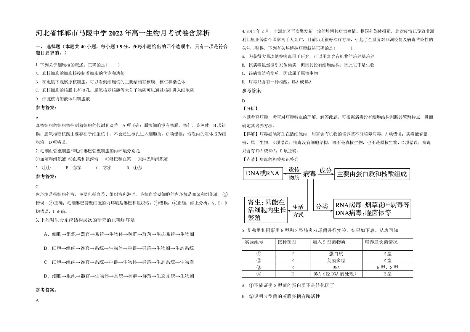 河北省邯郸市马陵中学2022年高一生物月考试卷含解析