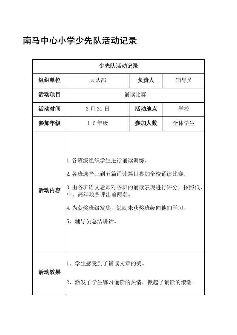 小学少先队活动记录表