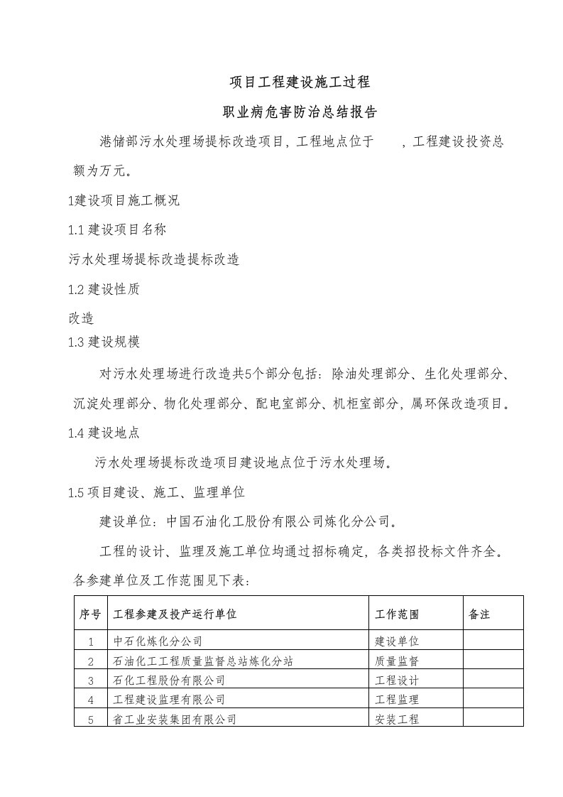 工程建设职业病危害防治总结报告(监理)