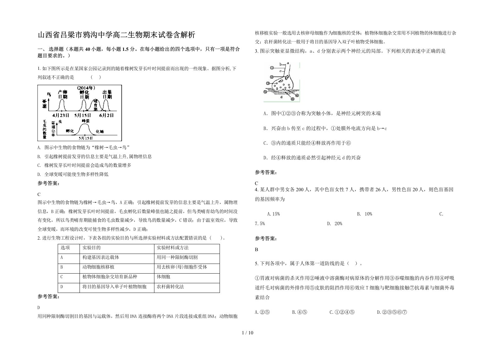 山西省吕梁市鸦沟中学高二生物期末试卷含解析