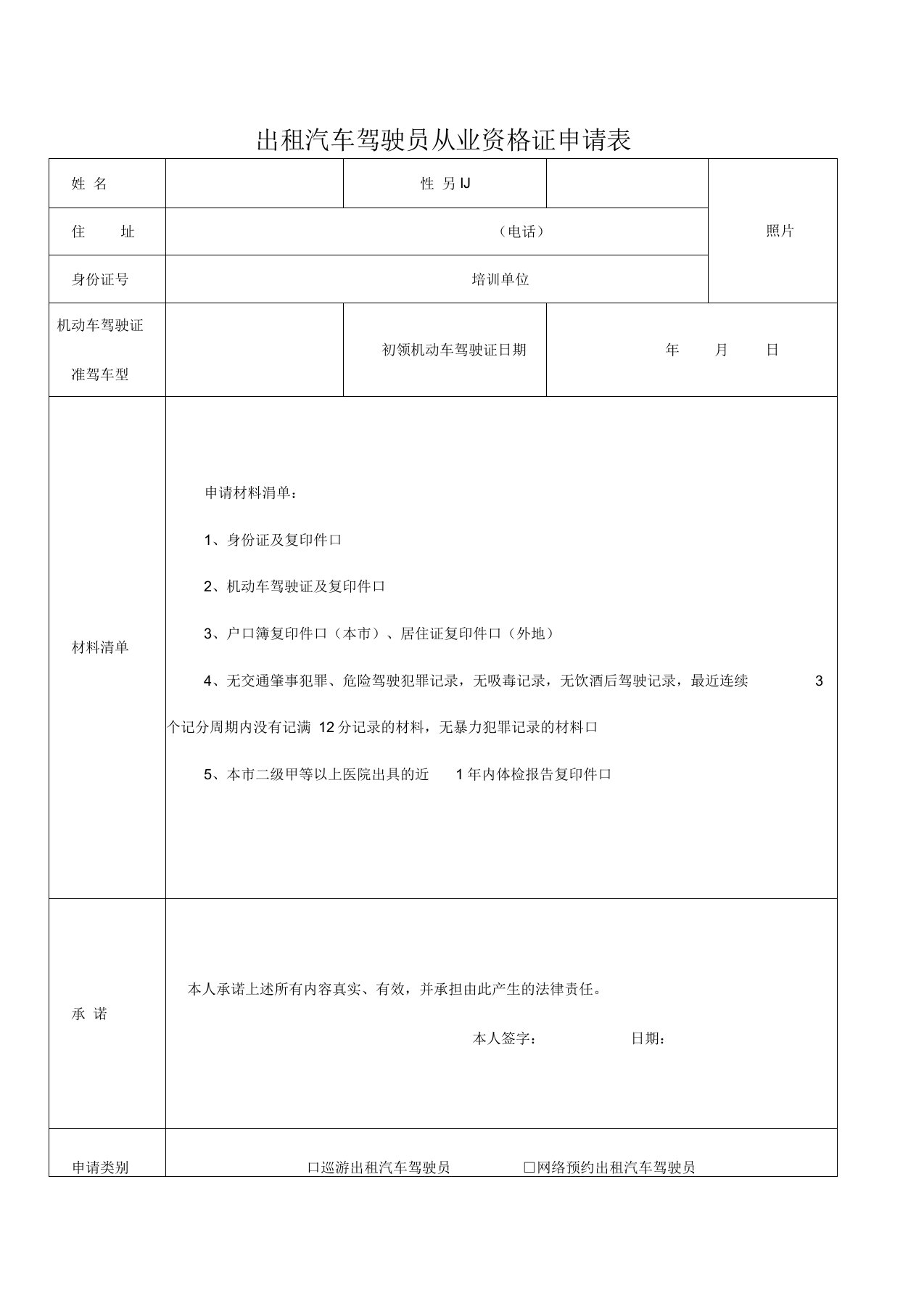 出租汽车驾驶员从业资格证申请表