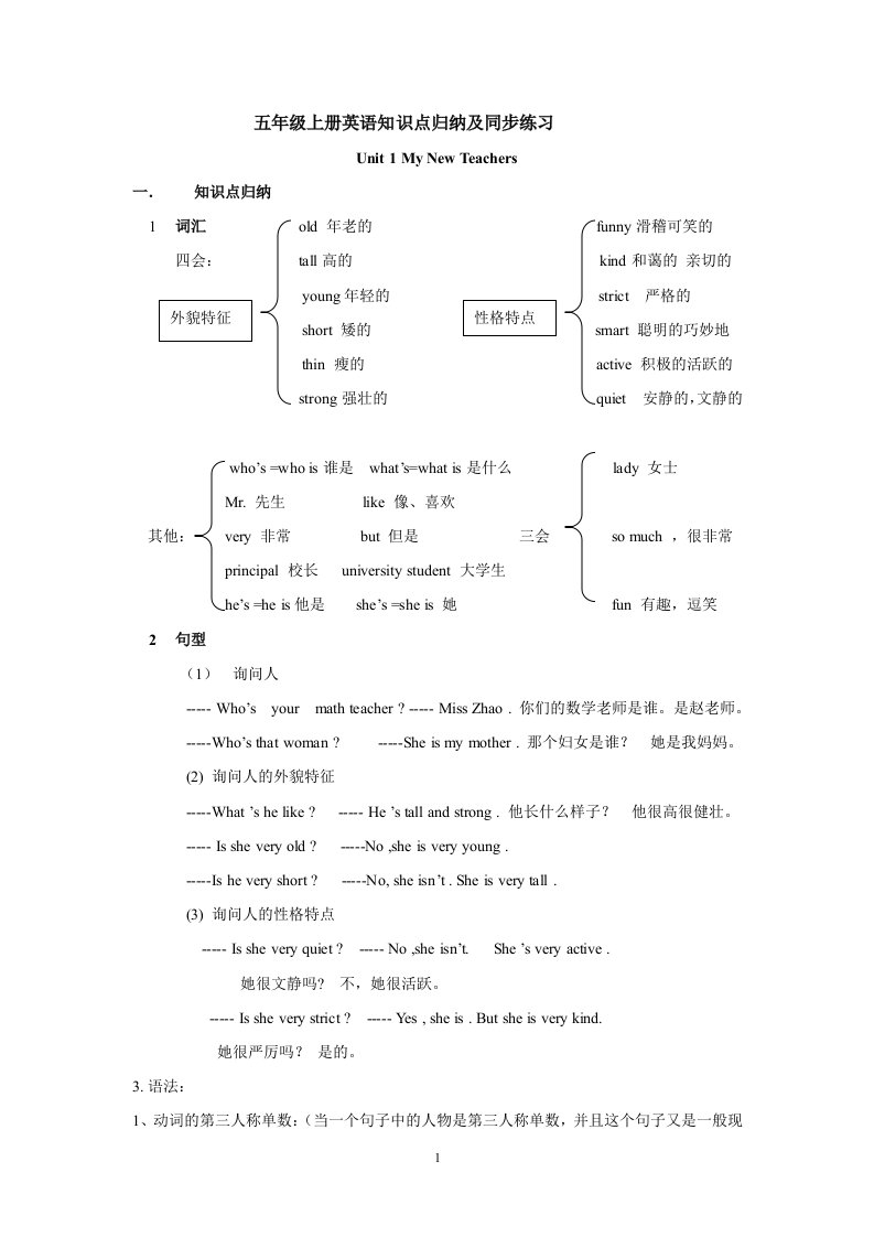 人教版小学英语年级上册重点知识加语法