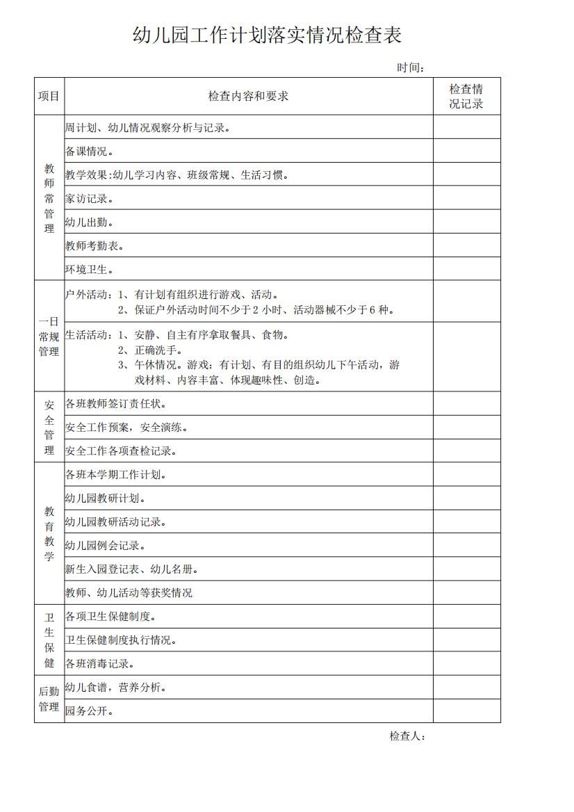 幼儿园工作计划落实情况检查表