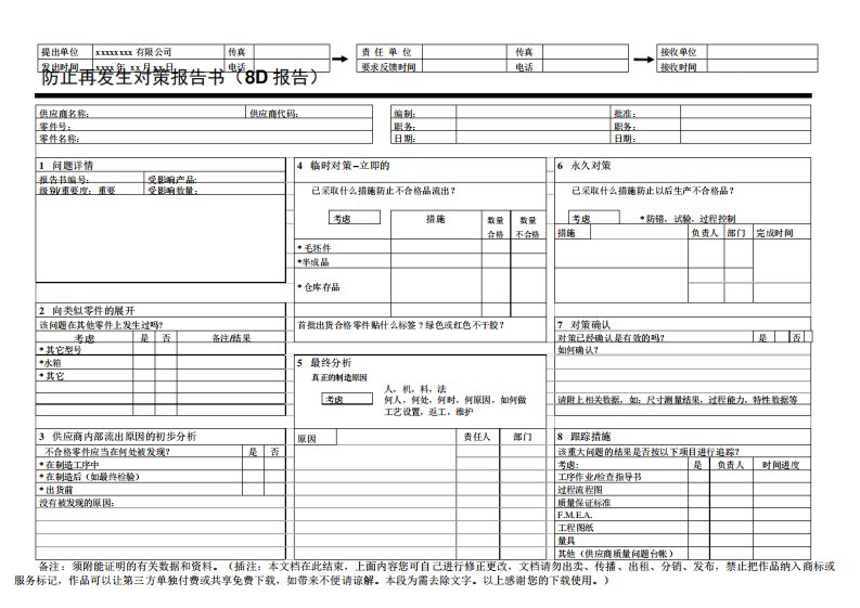 供应商管理中质量问题反馈8D报告格式管理文档