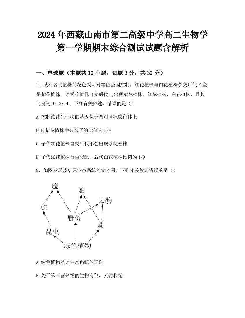 2024年西藏山南市第二高级中学高二生物学第一学期期末综合测试试题含解析