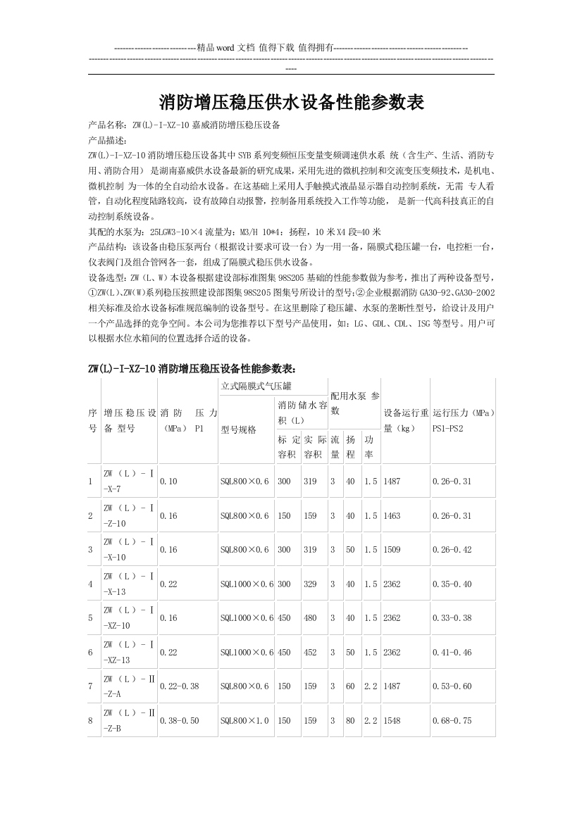 消防增压稳压供水设备性能参数表