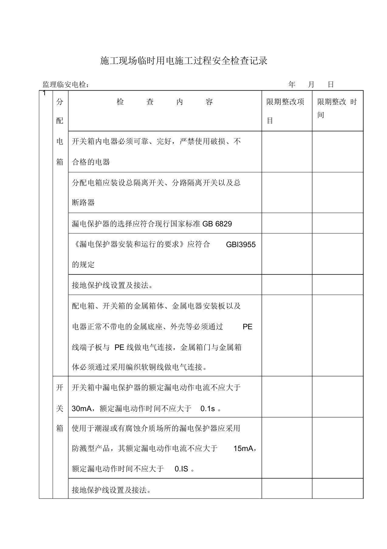 施工现场临时用电安全检查记录