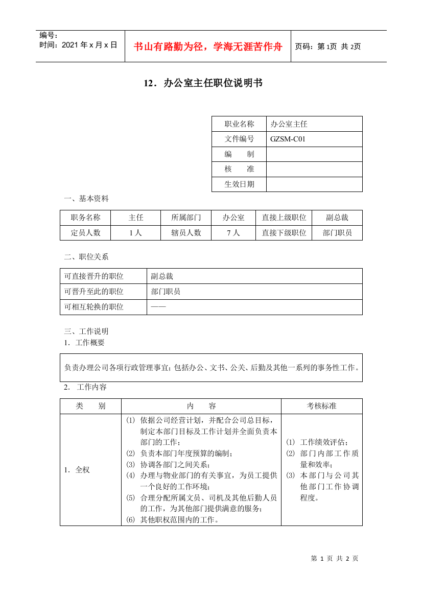 办公室主任职位说明书