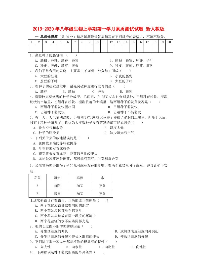 2019-2020年八年级生物上学期第一学月素质测试试题