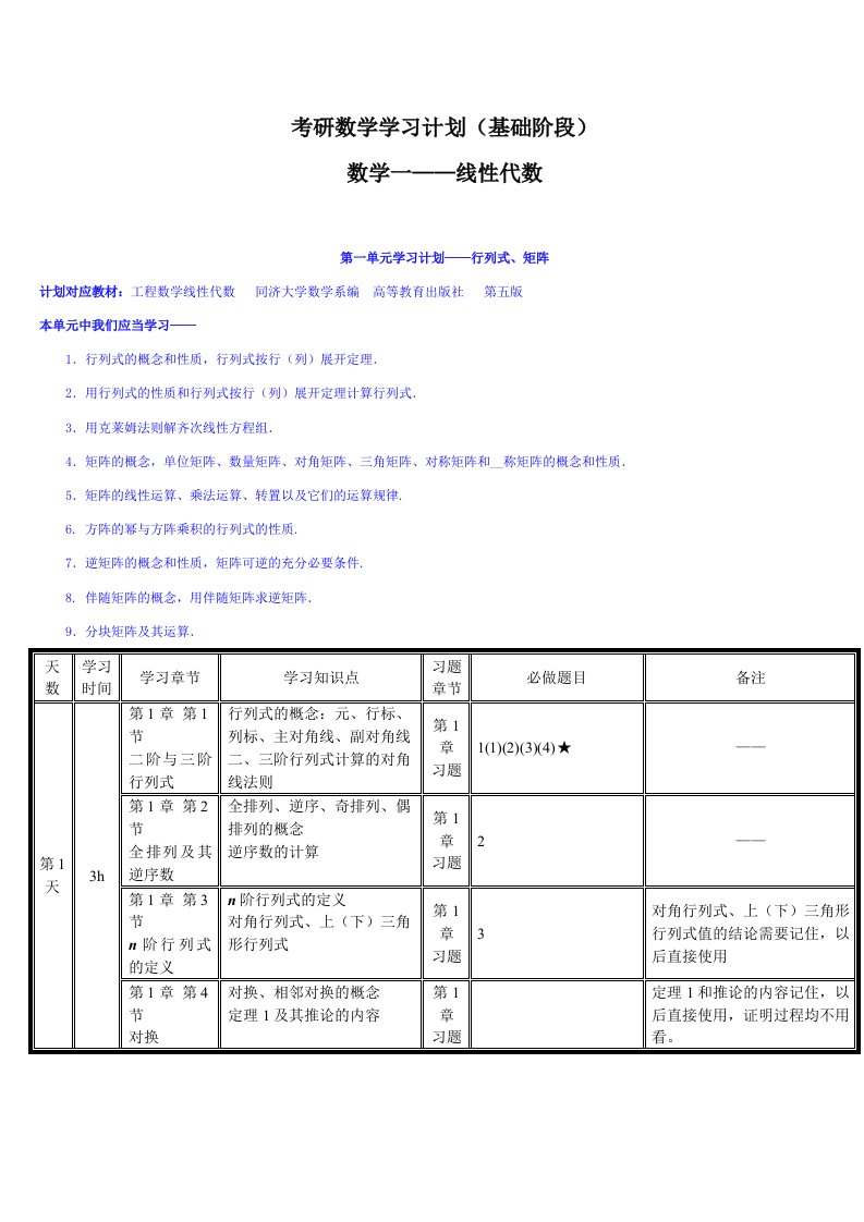 考研数学学习计划(基础阶段)数学一-线性代数