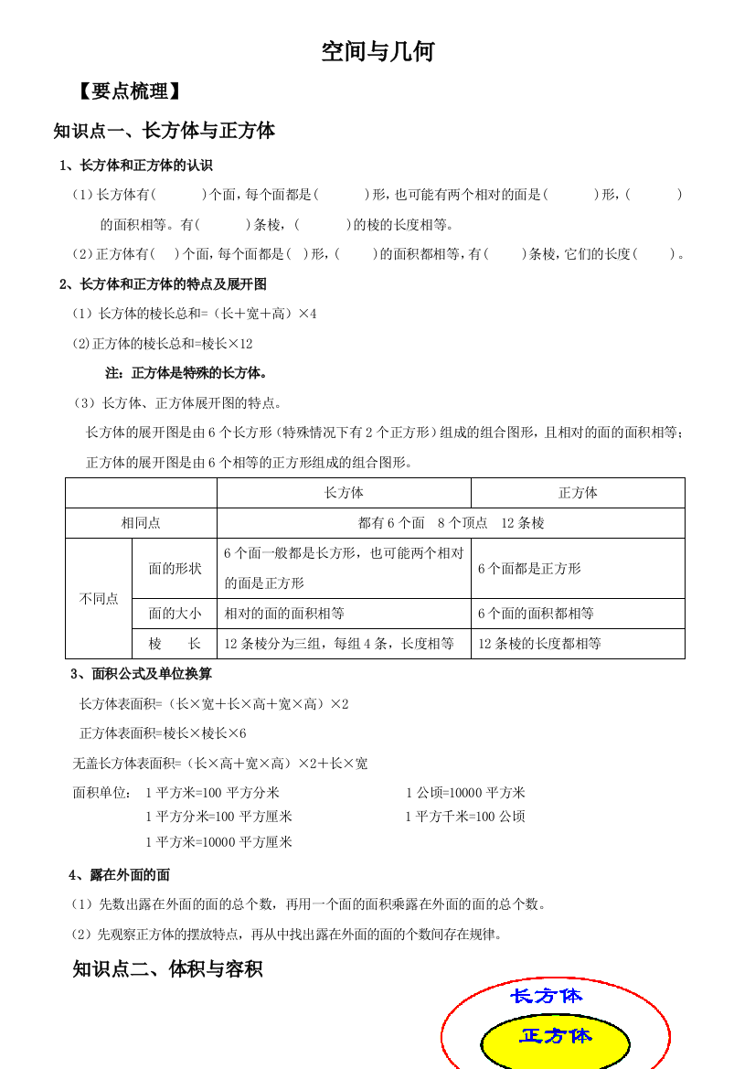 五年级下册数学试题总复习空间与几何总结与练习北师大版