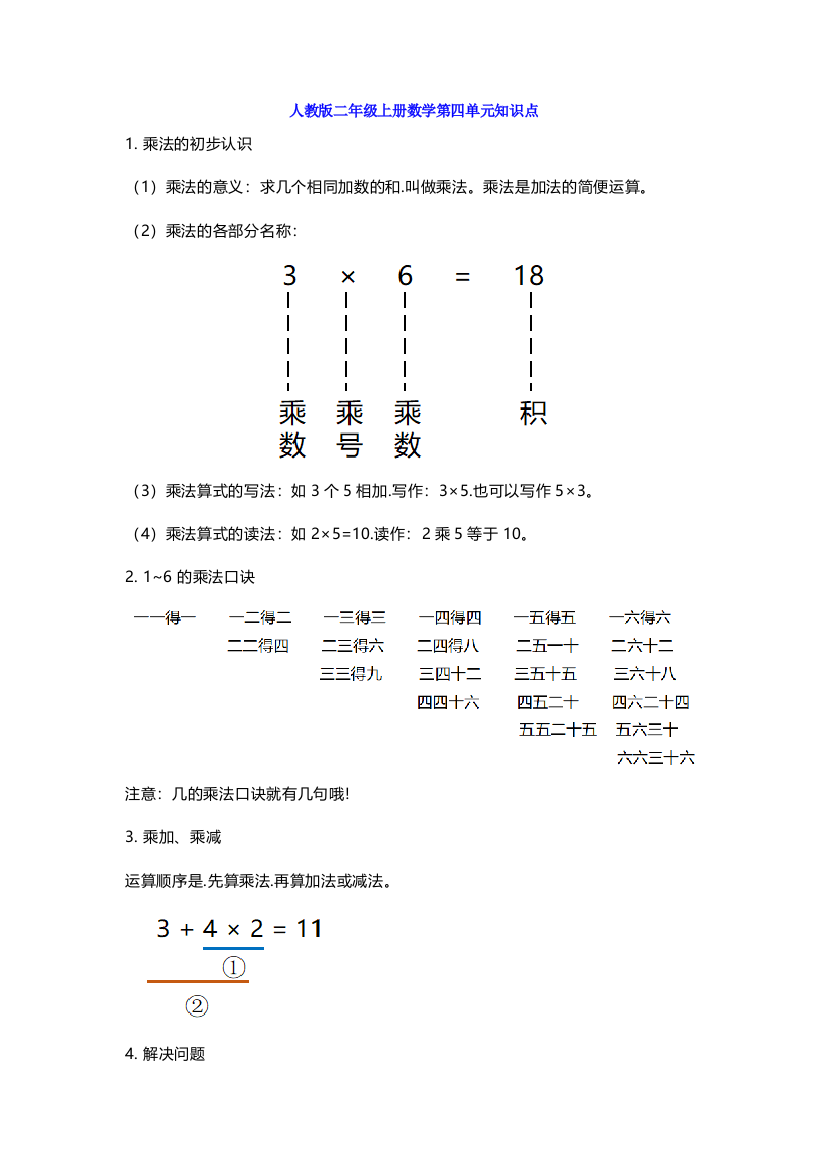 【小学数学】人教版二年级数学上册第四单元知识点带练习