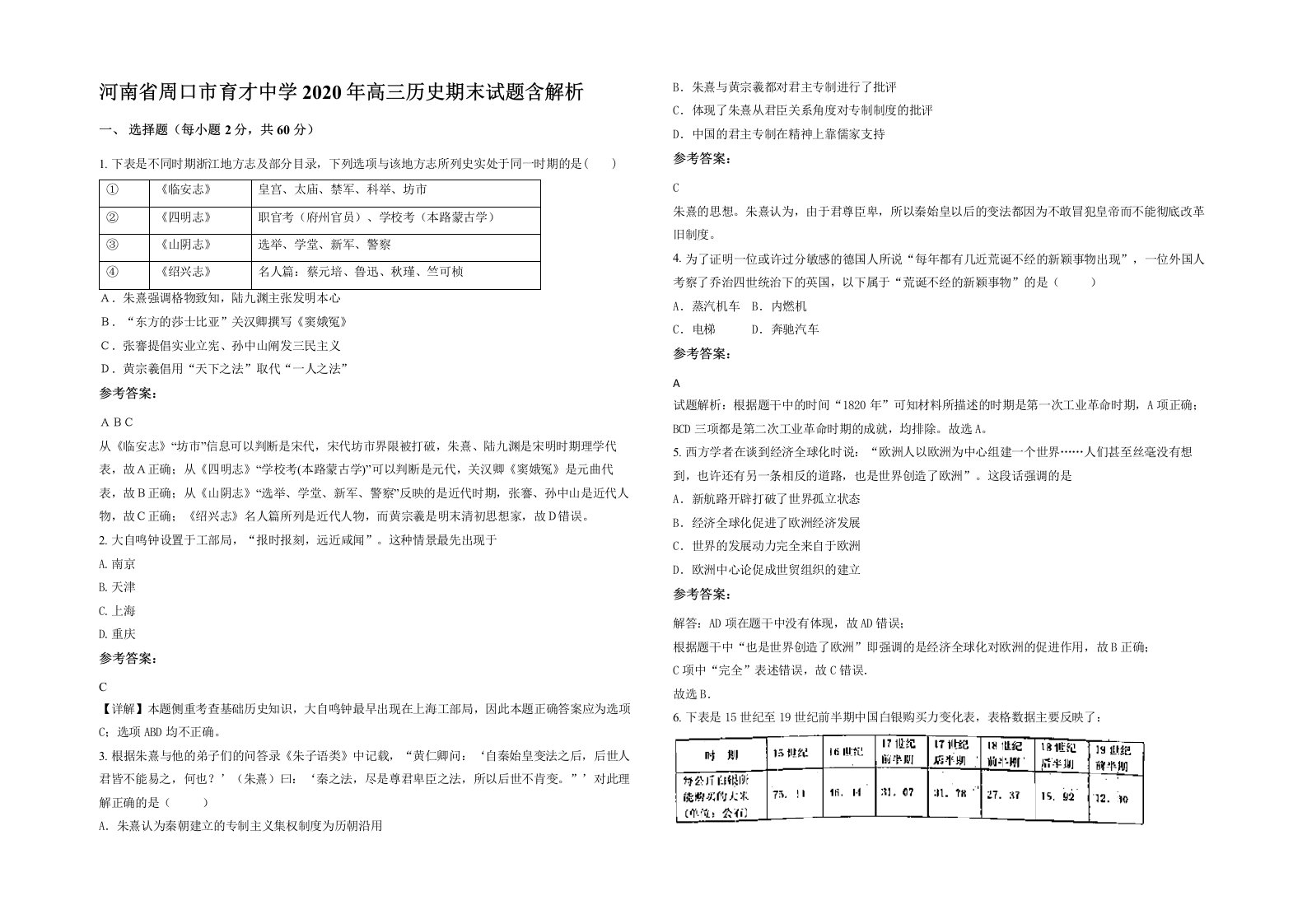 河南省周口市育才中学2020年高三历史期末试题含解析