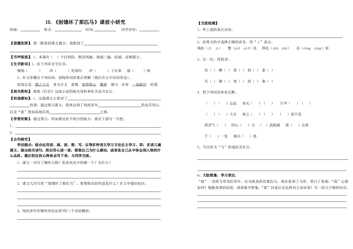 10《别饿坏了那匹马》课前预习作业