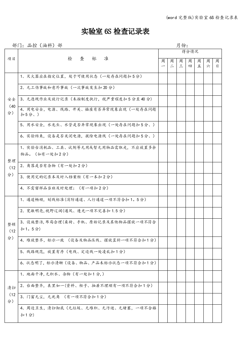 实验室6S检查记录表