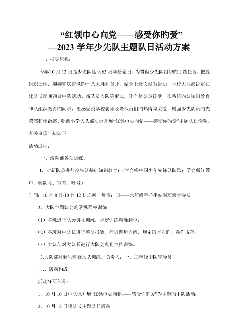 红领巾心向党感受你的爱少先队主题队日活动方案