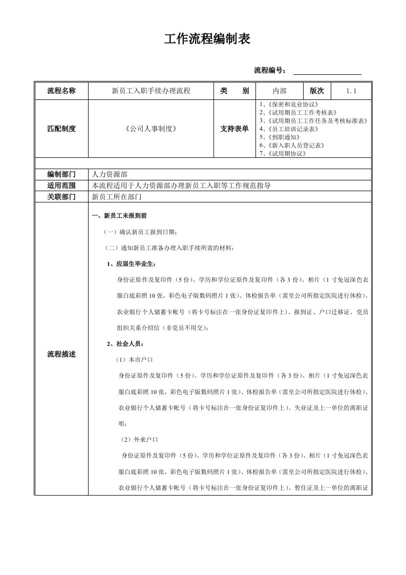 新员工入职手续办理流程