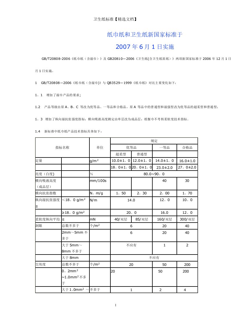 卫生纸标准【精选文档】