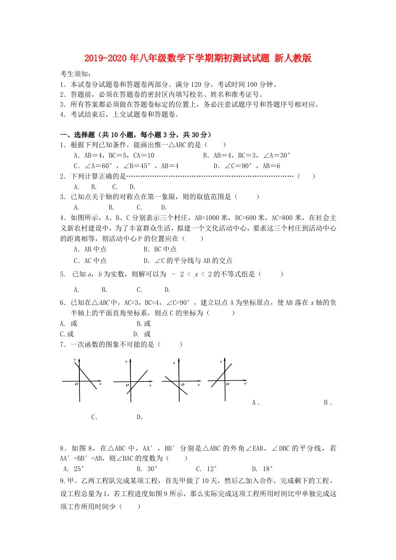 2019-2020年八年级数学下学期期初测试试题